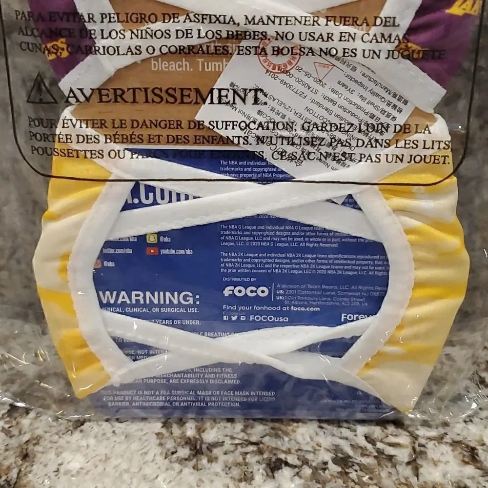 NBA LA Lakers Face Masks one pack of 2 masks